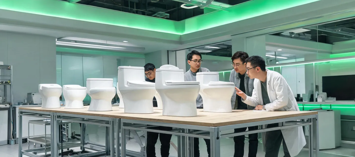Kohler product engineers reviewing toilet prototypes in a design studio
