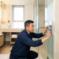Hotel facilities manager inspecting shower trim